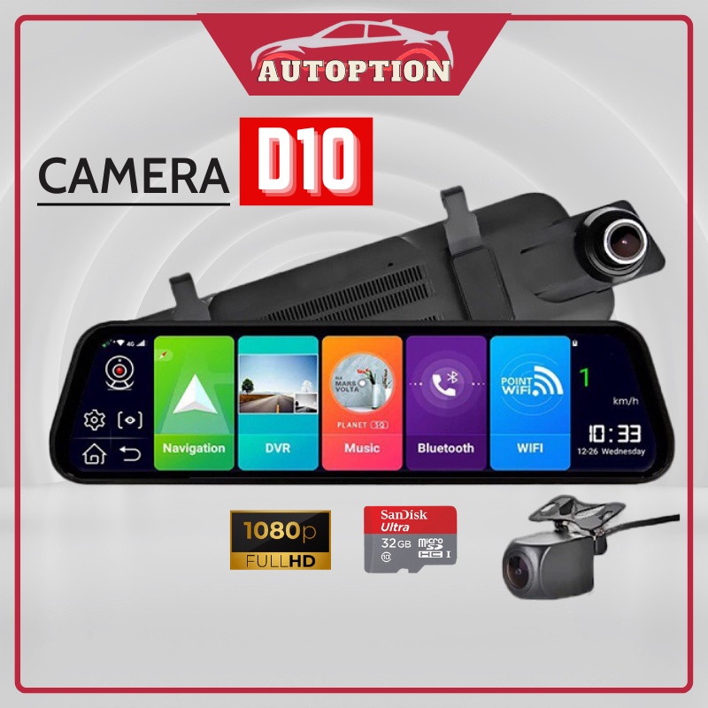 Camera hành trình ô tô gương android ,10IN FULLHD, tích hợp cam lùi ,SIM 4G WIFI,có cảnh báo giao thông