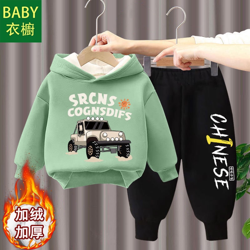 Bộ Quần Áo Hoodie Lót Lông Cừu Phong Cách Phương Tây Thời Trang Thu Đông Cho Bé Trai