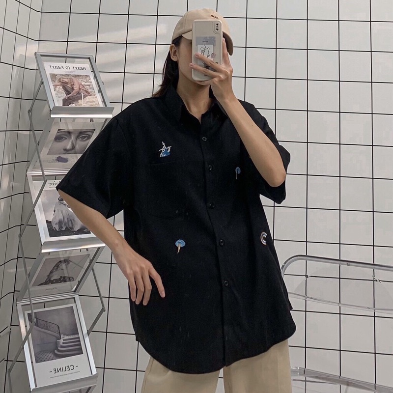 [SIEU SALE] Áo Sơ Mi Tay Lỡ Unisex Form Rộng Nam Nữ Ulzzang Hình Thêu Chất Co Dãn Thoải Mái | BigBuy360 - bigbuy360.vn