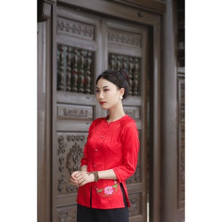 Gấm hoa thêu set nhỏ set đồ lam lịch sự, sang trọng