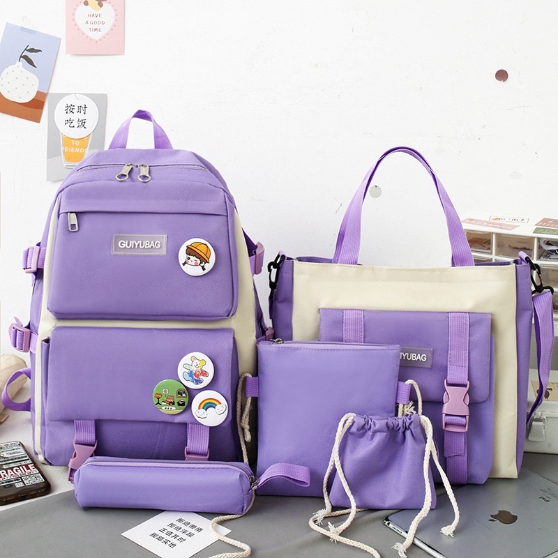 Set 4 món ba lô + túi đi học  canvas đựng sách và laptop thời trang cho các cô gái tuổi teen