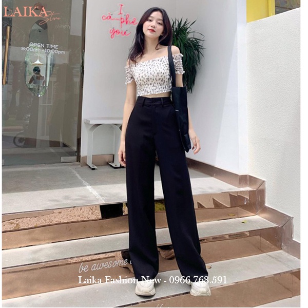 Quần tây nữ ống rộng đi học lưng cao dáng suông dài 100cm màu Đen - Quần ống rộng cạp cao đi học chơi làm công sở xinh