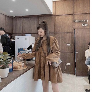 Đầm babydoll nhung tăm cổ bèo tay dài!