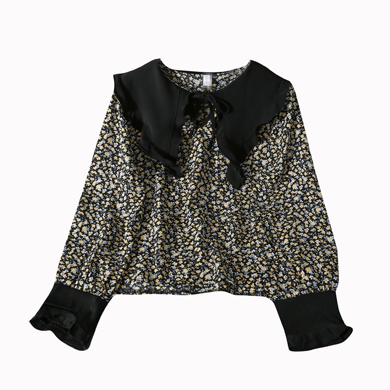 IELGY Áo Kiểu Tay Dài Cổ Chữ V Phối Ren Màu Sắc Tương Phản Phong Cách retro Dành Cho Nữ