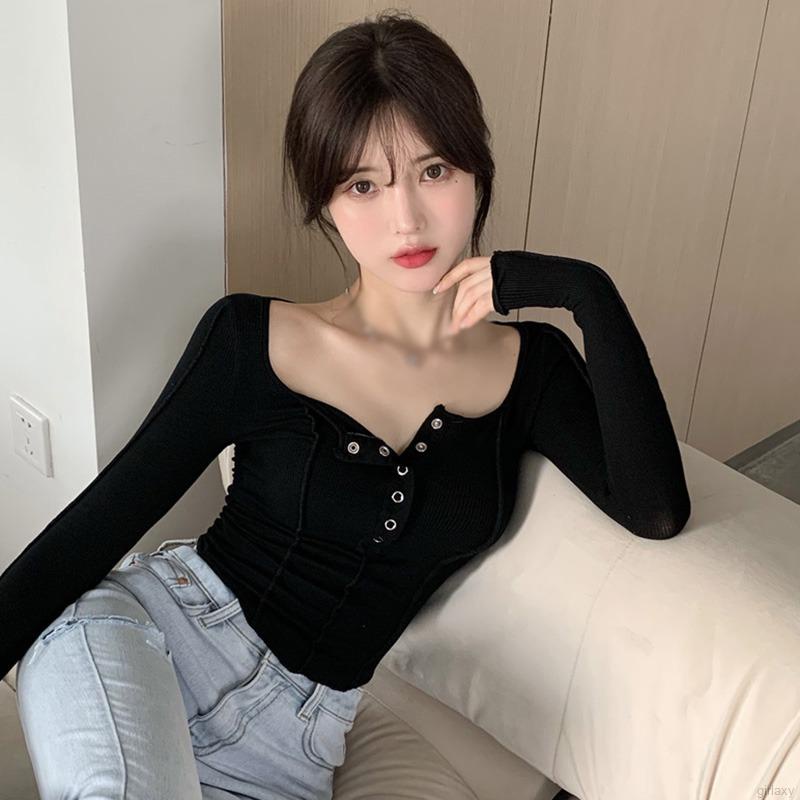 Áo croptop tay dài màu sắc thanh lịch thời trang xinh xắn