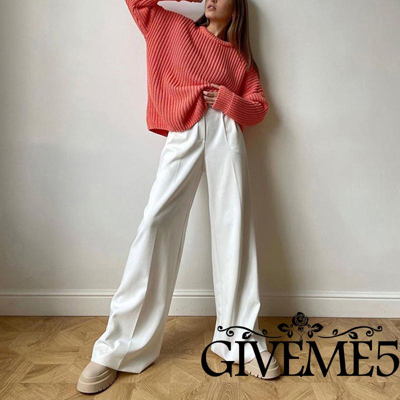 Quần ống rộng Lưng Cao Màu Sắc Đơn Giản Thời Trang Cho Nữ