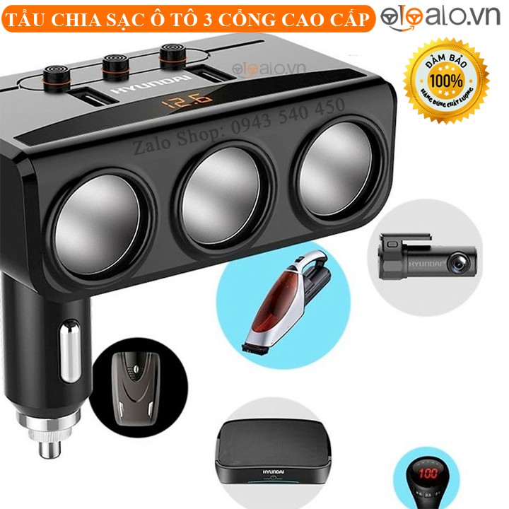 Bộ chia tẩu sạc ô tô HUYNdaI HY-29 3 cổng đa năng kèm 2 cổng USB CAO CẤP