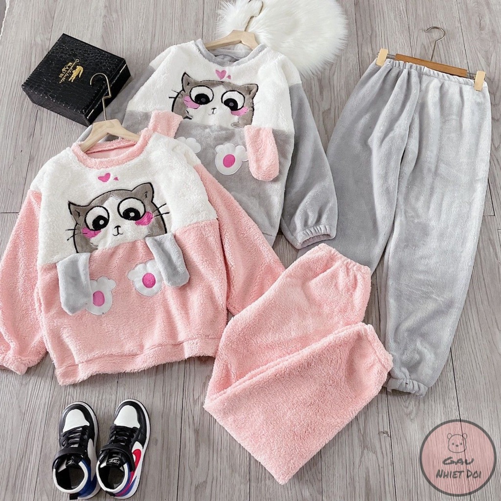 [Gấu Nhiệt Đới] Set Bộ Đồ Ngủ Lông Cừu Mềm Họa Tiết Mèo Cực Xinh Freesize Hai Màu Hồng/Xám