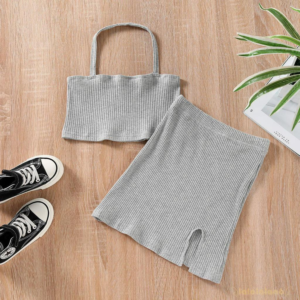 Bộ Áo Cổ Yếm Không Tay Và Chân Váy Xẻ Tà Thời Trang Hè Thoải Mái Cho Bé Gái 2-7 Tuổi