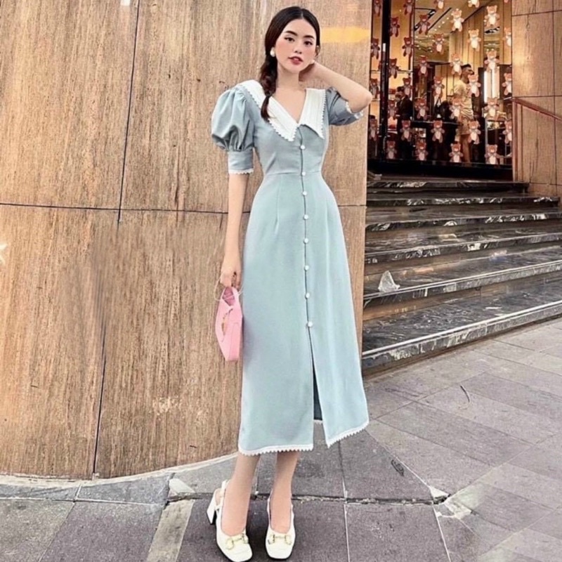 Đầm xoè công sở dạo phố cổ bẻ nút vintage tay phồng