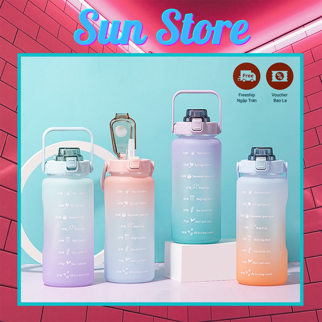 Bình đựng nước 2 lít tặng Sticker dành cho các, học sinh bình nước 2L có ống hút, vạch chia nhắc giờ - SunStore