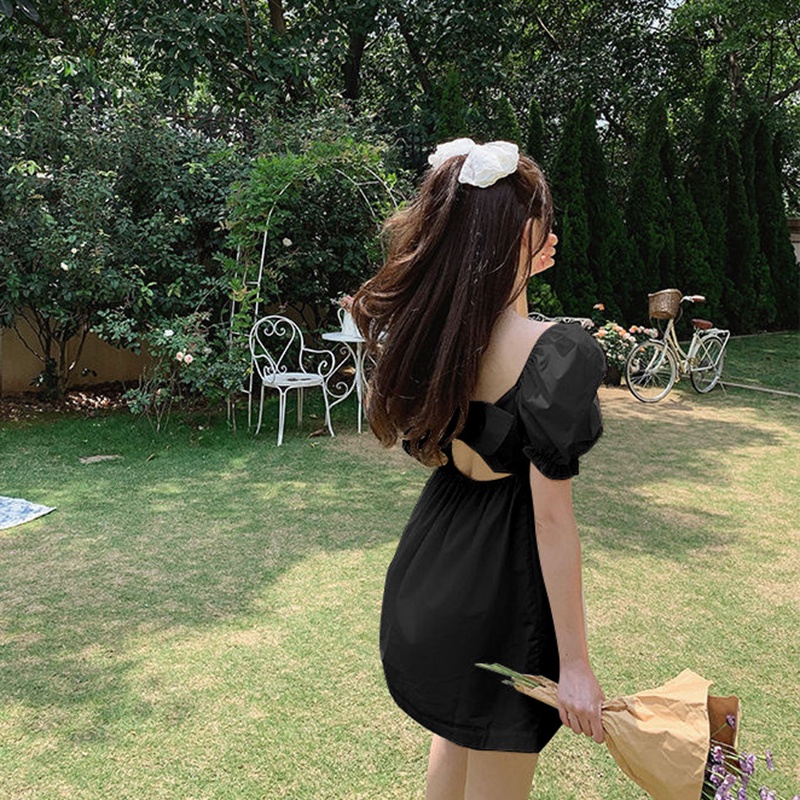 IELGY Đầm Tay Phồng Cổ Vuông Thắt Nơ Hở Lưng Thời Trang Dành Cho Nữ