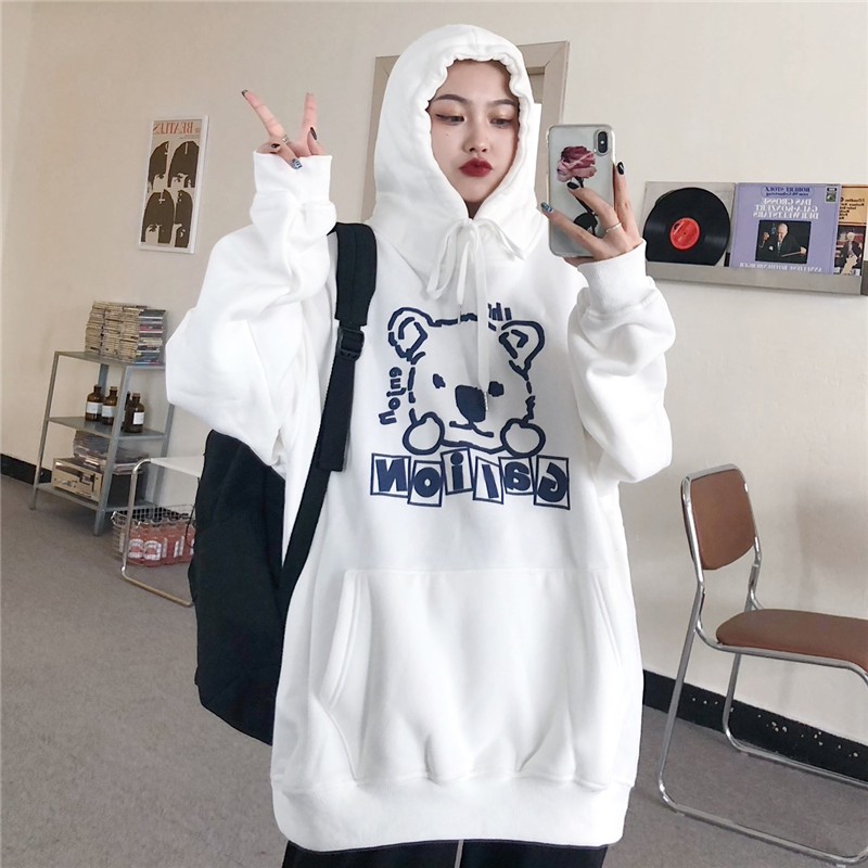 [Áo hoodie nữ form rộng]  Áo hoodie nữ form rộng dài oversize quảng châu vải nỉ in hình chất