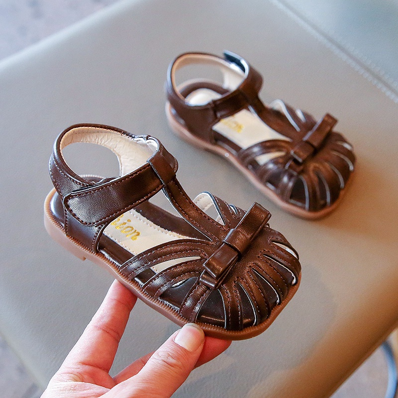 Sandal quai dán đính nơ màu trơn thời trang cho bé gái 1-8 tuổi