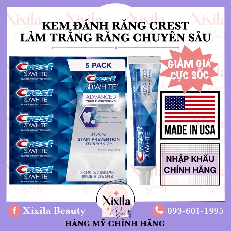 Kem đánh răng Crest 3D White Advanced Triple Whitening 158Gram làm trắng gấp 3 lần phiên bản cũ