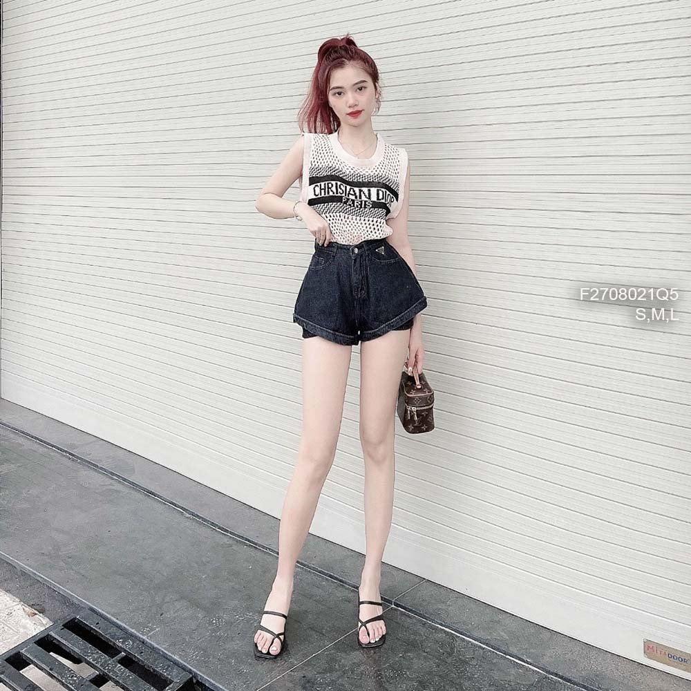 Quần short jean kiểu lưng cao gắn mác pradav hàng đẹp!
