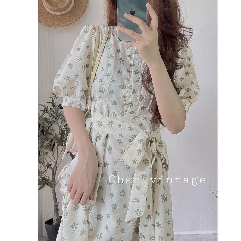 Đầm váy cộc tay cỏ may mắn, phong cách Hàn Quốc vintage mùa xuân 2022 Kozoda d29