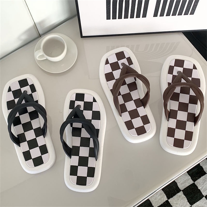 Oeggeo shop Dép Đế Lật Họa Tiết Lưới Chéo Bãi Biển Ngoài Trời Cho Nữ
