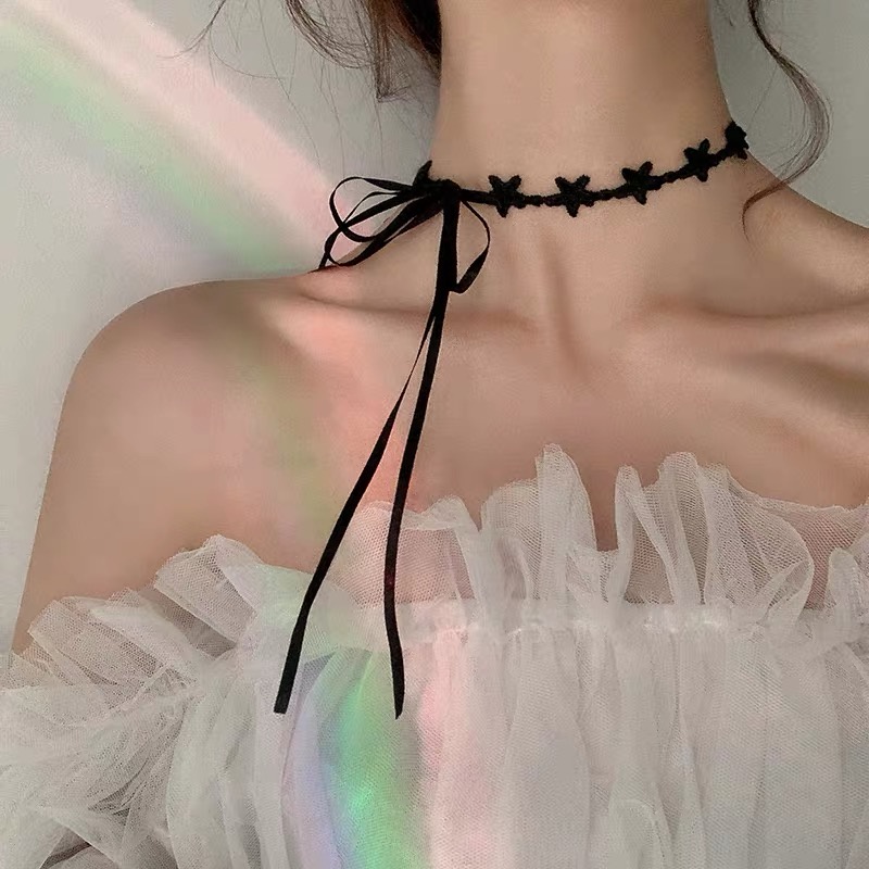 【JIHE】Vòng Cổ Choker Mặt Ngôi Sao Năm Cánh Màu Đen Phong Cách Nhật Hàn Thời Trang