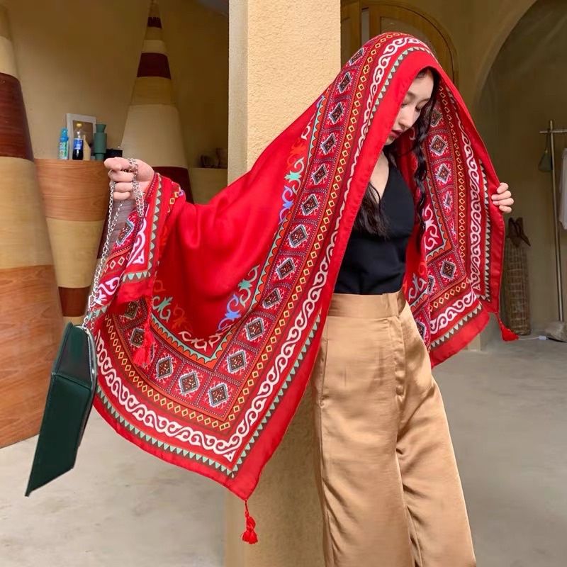 [Khăn Loại 1] Khăn Choàng Boho Đi Biển Hoạ Tiết Thổ Cẩm Nền Đỏ Rực Rỡ