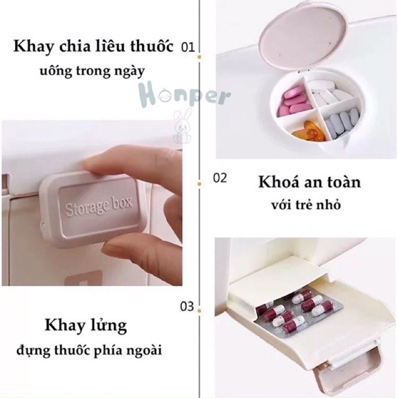 Hộp đựng thuốc gia đình đa năng size lớn Honper 2 tầng màu hồng - xanh