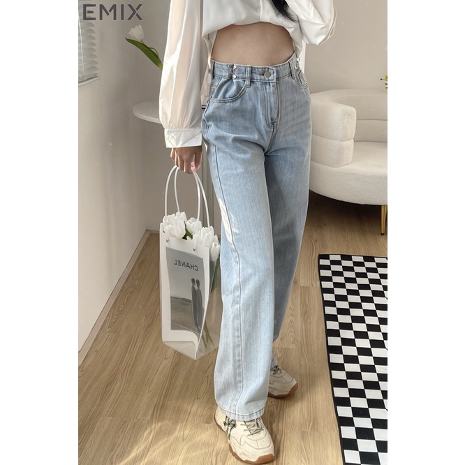 Quần jeans nữ cạp cao EMIX, quần ống suông dáng dài, khóa móc cài, có túi, ống vừa, ít giãn Jeanmoccai