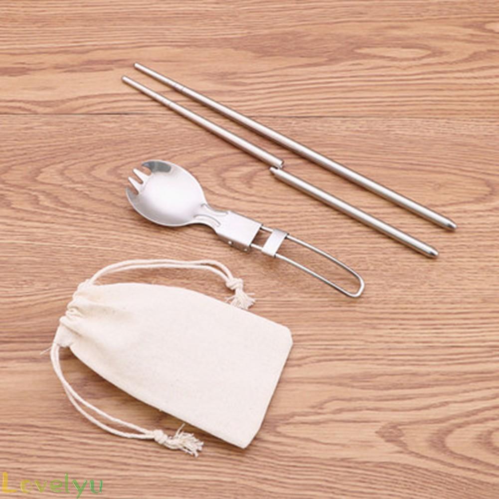 ◀READY▶Stainless Foldable Steel Fork Spoon Chopsticks Travel Camping Cutlery With Bag# Good Quality