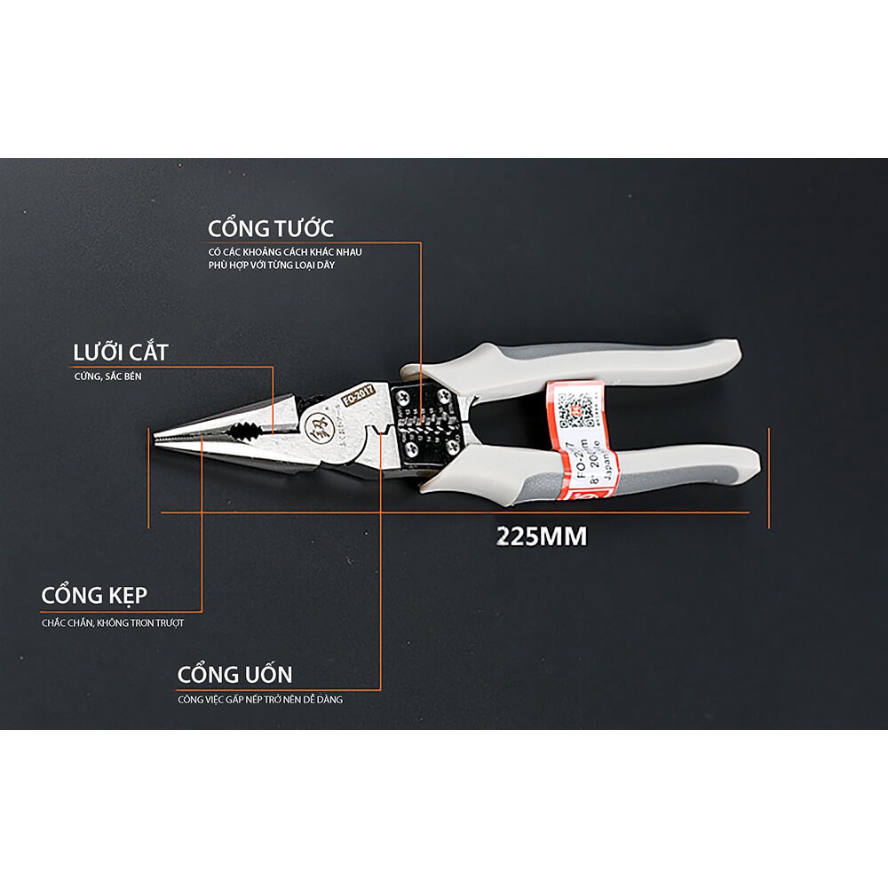⚜️Qùa Tặng ⚜️ Kìm, kiềm nhọn đa năng cao cấp Nhật Bản 5 trong 1 FUKUOKA FO-2017 8inch/220mm (Kẹp-Cắt-Uốn-Cuộn-Tuốt dây)
