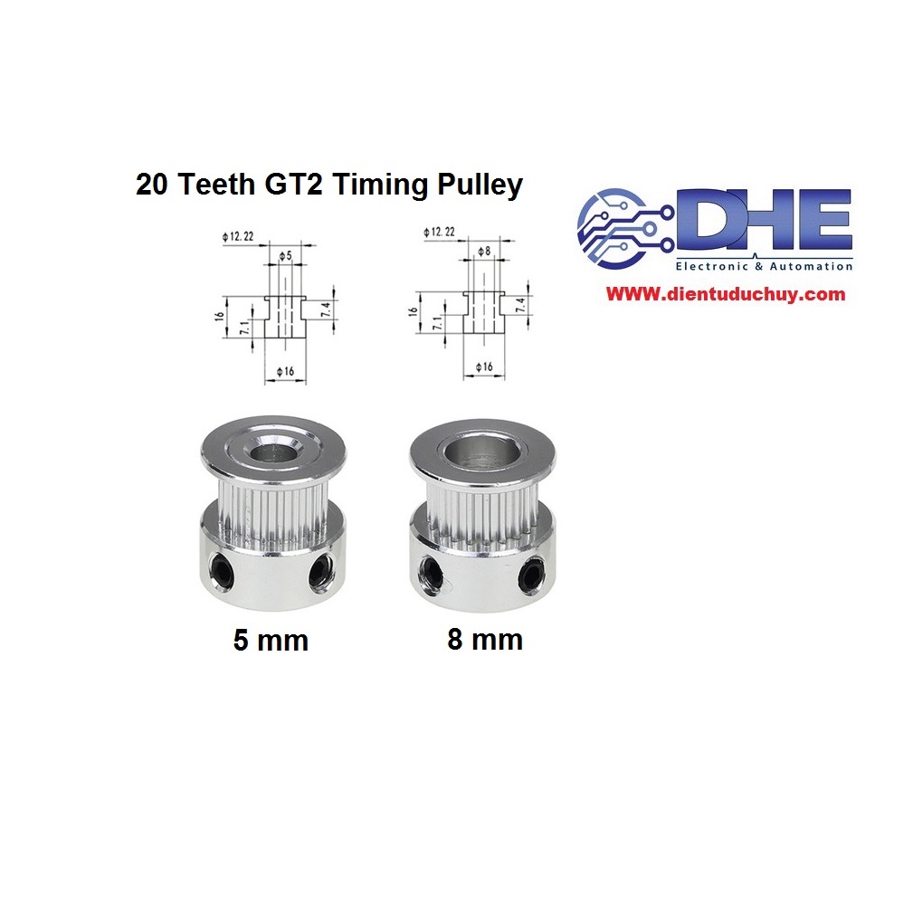 PULEY GT2 - 20 RĂNG - Φ16MM - BẢN RỘNG 6MM, LỰA CHỌN NHIỀU LOẠI TRỤC 5MM/6.35MM/8MM