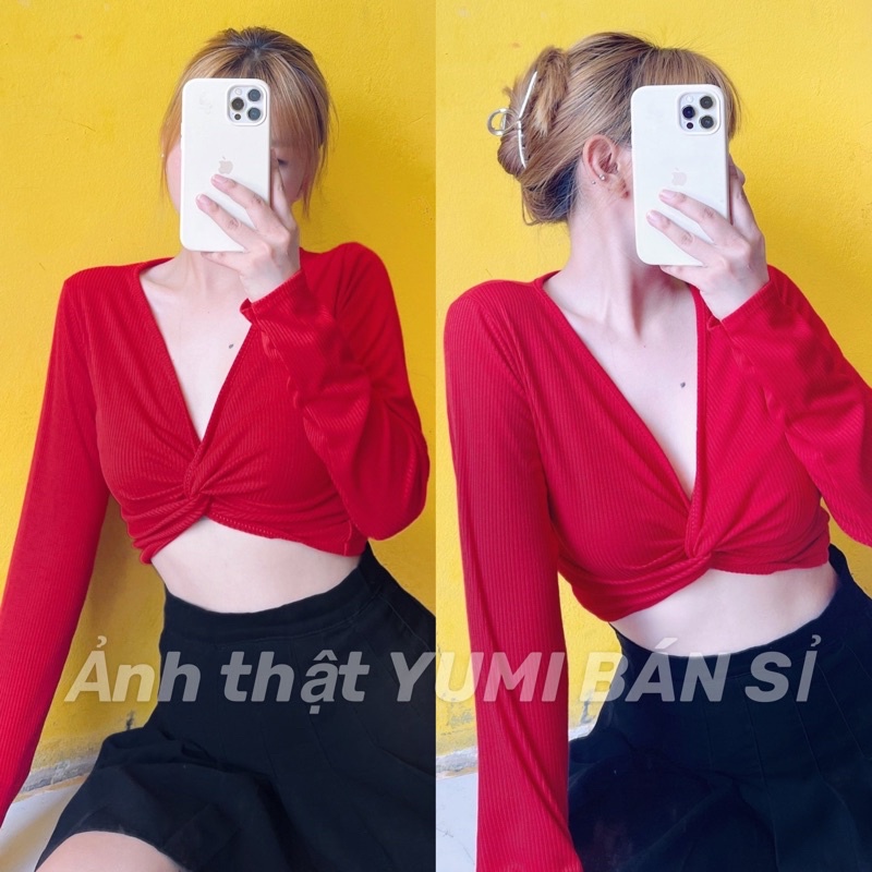 Áo Croptop Cổ V Tay Dài Xoắn Ngực Cổ V Chất Gân Co Giãn Gợi Cảm