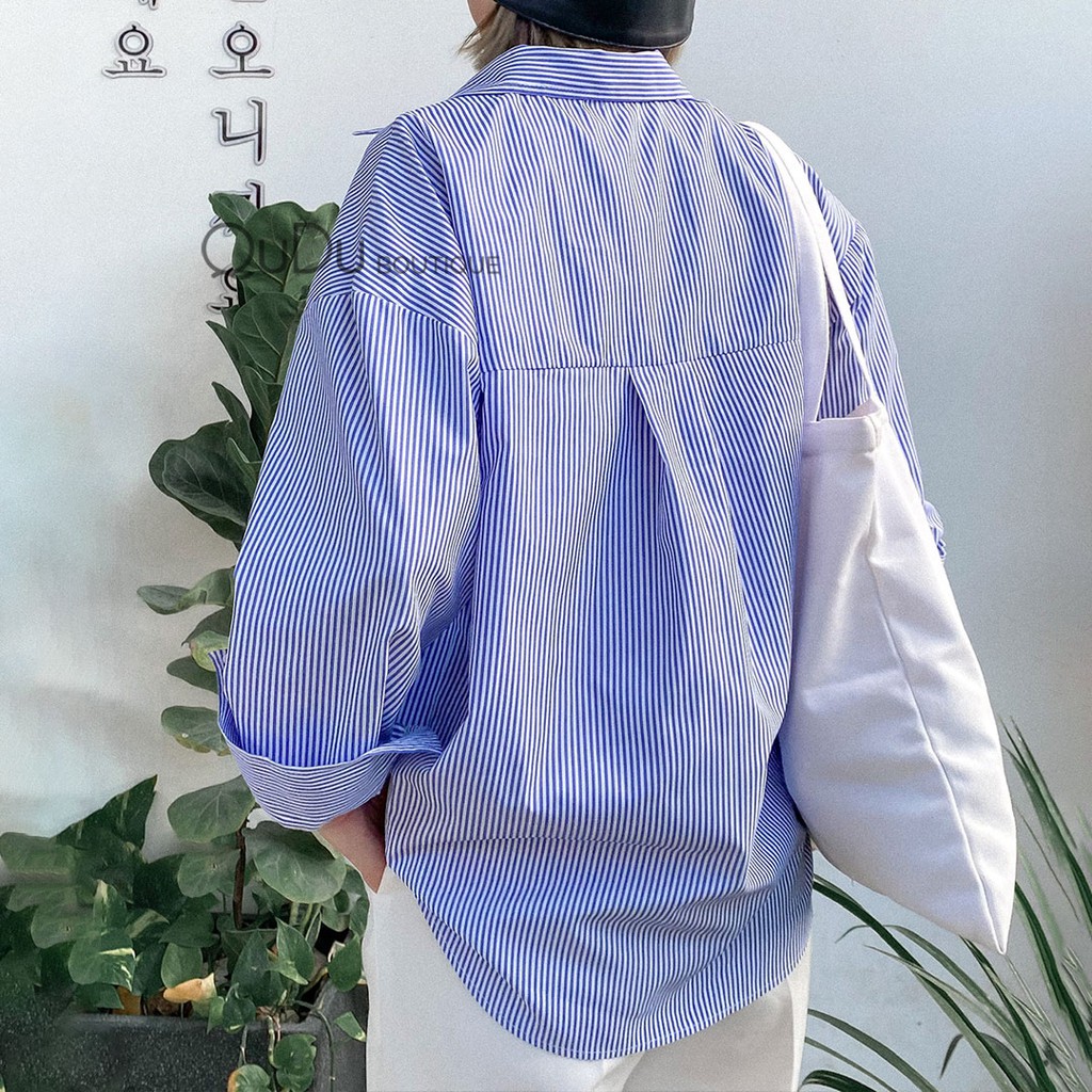 [Mã FAMARAL1 giảm 10K đơn 50K] [HOT TREND] Áo Sơ Mi Nữ QuDu, Sơ Mi Sọc Xanh Dáng Rộng Freesize Đồ Đi Biển Mùa Hè 2021