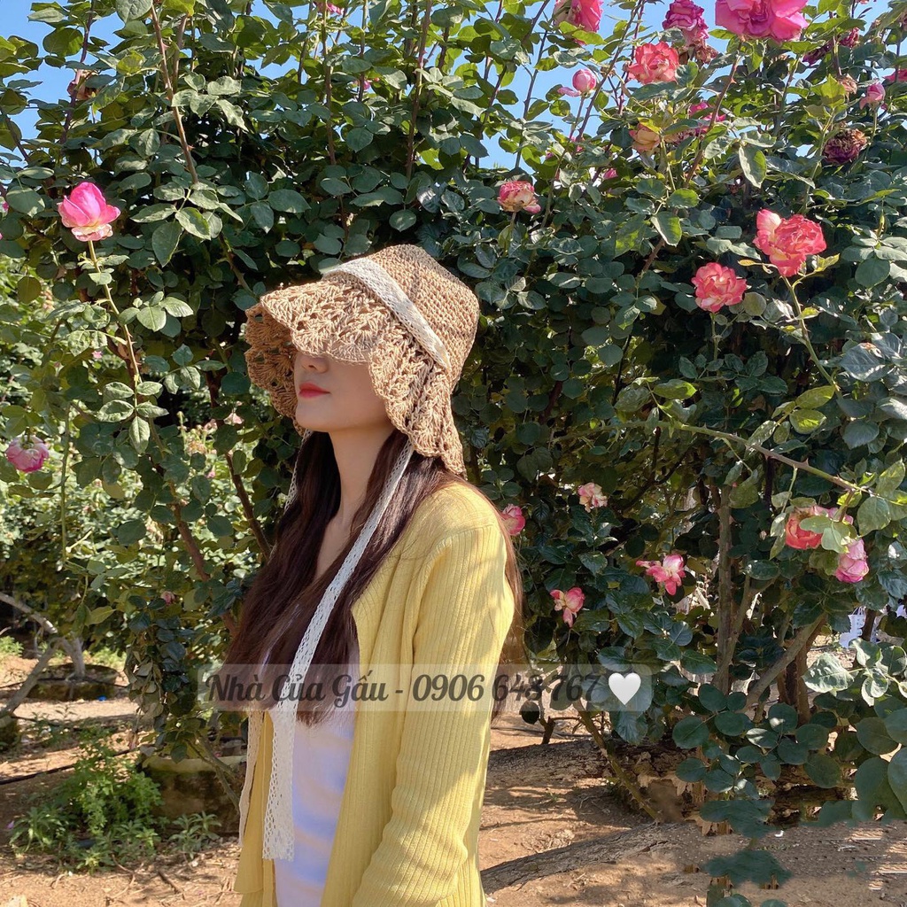 Mũ cói dây ren cột nơ mới vành thưa cưng xĩu xĩu luôn
