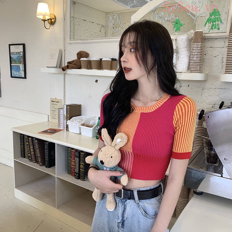 Áo Croptop Ngắn Tay Ôm Dáng Phối Màu Cầu Vồng Xinh Xắn Dành Cho Nữ