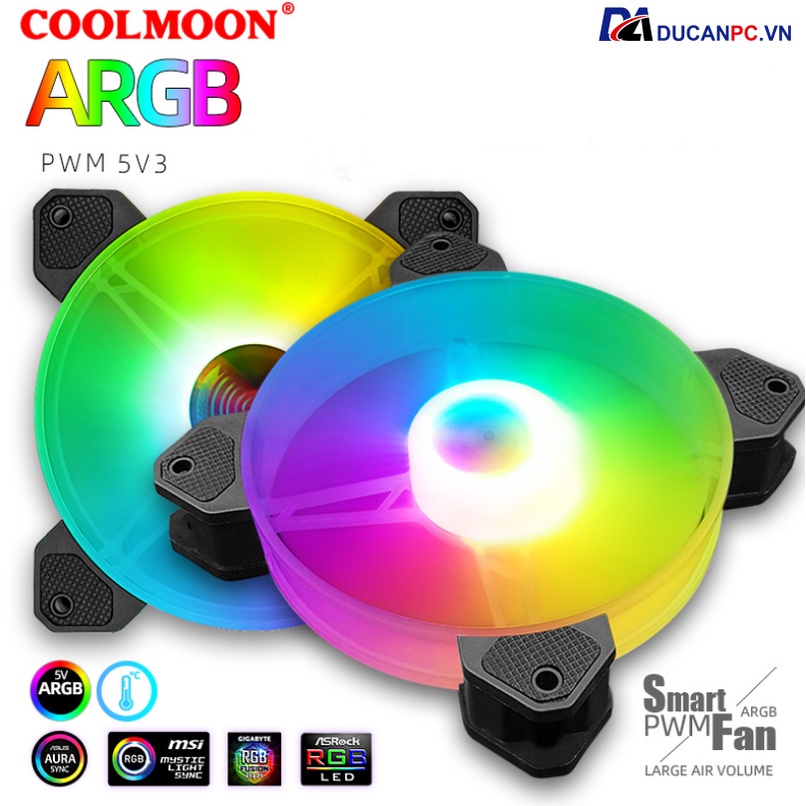 Quạt Tản Nhiệt, Fan Led RGB Coolmoon Y2 Có Điều Tốc PWM - Led Sync Main 3 Pin 5v / Bộ Hub Coolmoon P-ARGB PWM