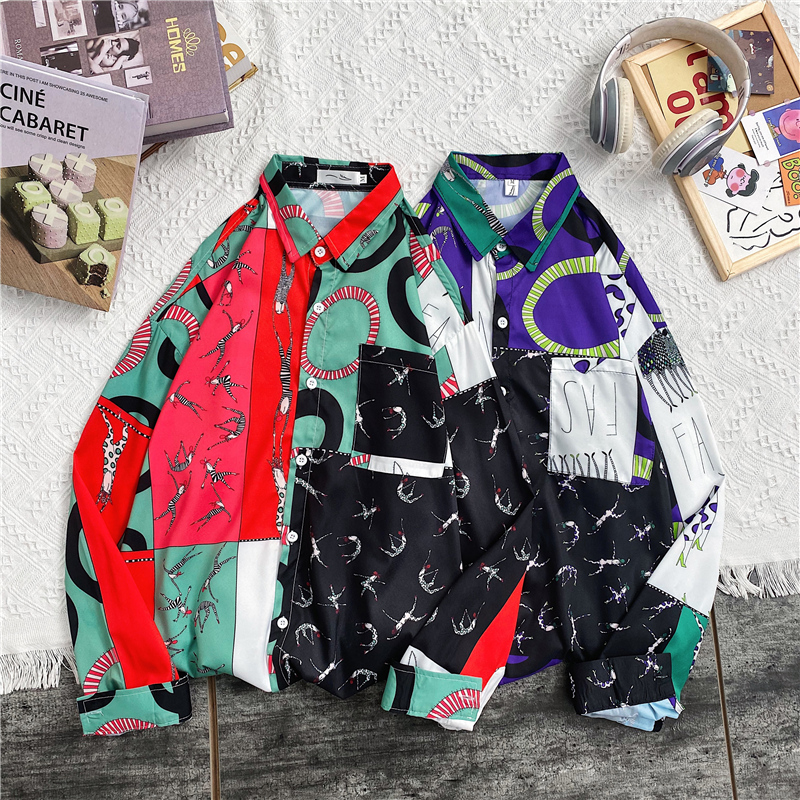 Korean fashion long-sleeved men's shirt 2021. Printed shirt. Personality model