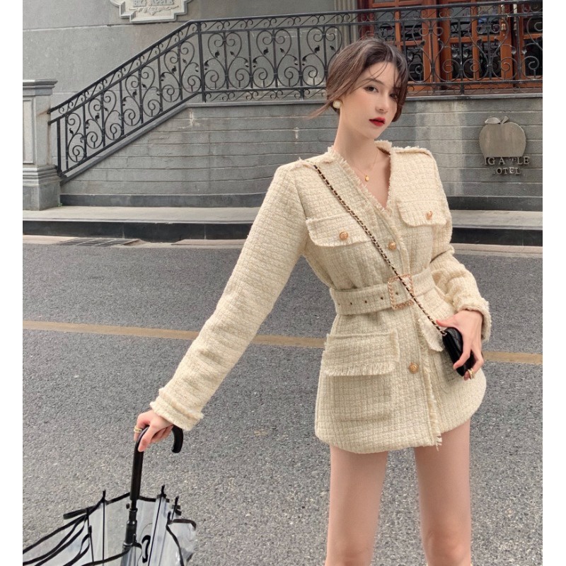 Áo Khoác Vải Tweed Có Chần Bông Dày Kèm Đai Thắt Lưng
