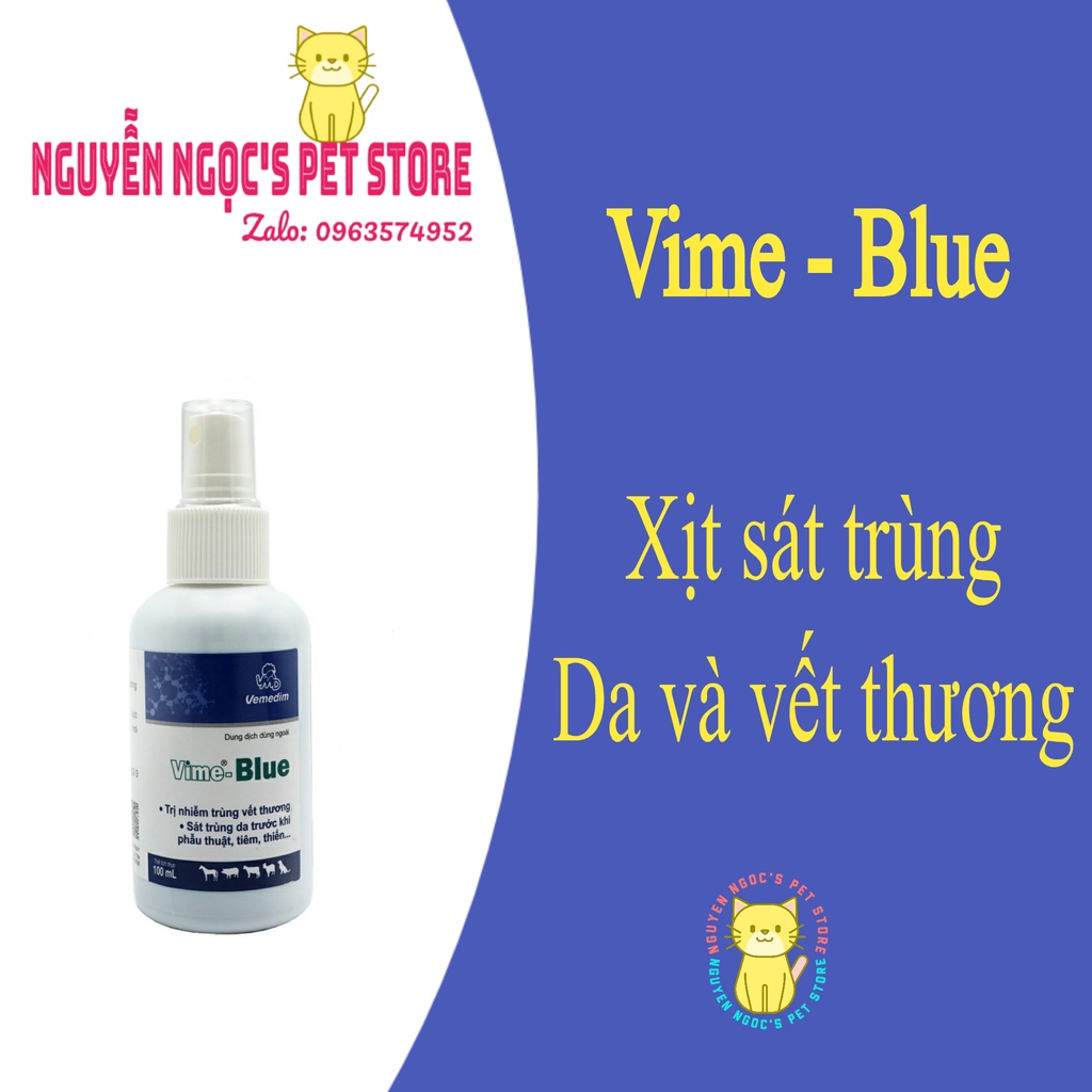 Dung dịch xịt sát trùng vết thương, vết mổ cho CHÓ MÈO VEMEDIM VIME-BLUE chai 100ml