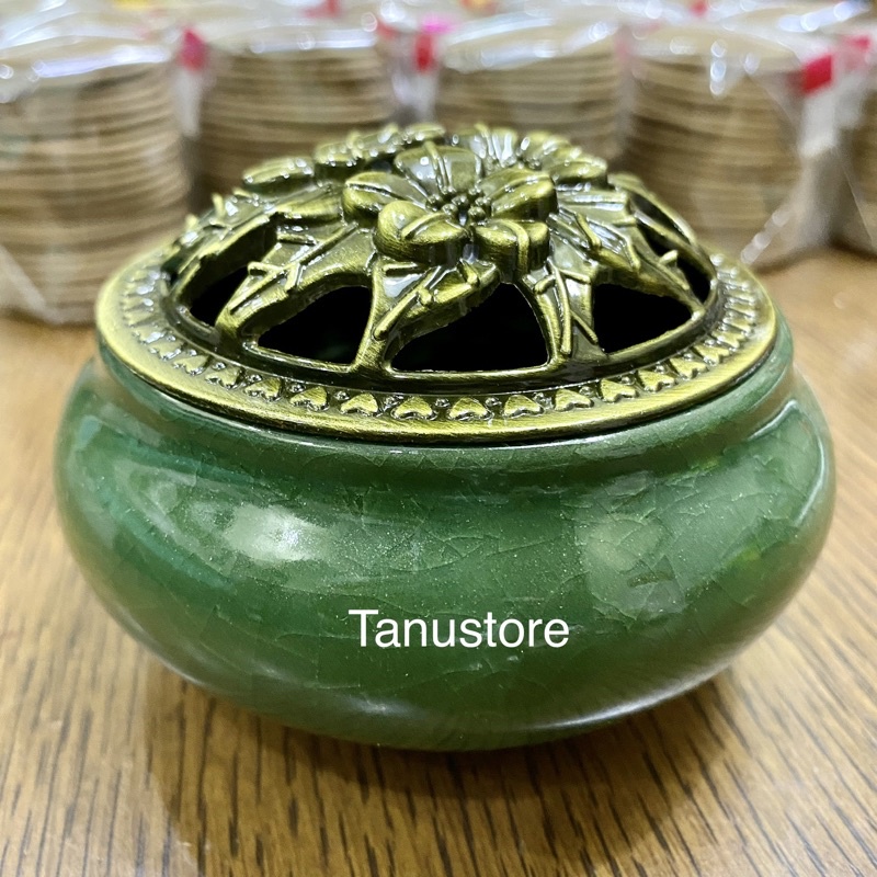 LƯ XÔNG TRẦM HƯƠNG BẰNG SỨ VÀ NẮP ĐỒNG CAO CẤP- TẶNG KÈM VẢI CHỐNG CHÁY- TANU STORE