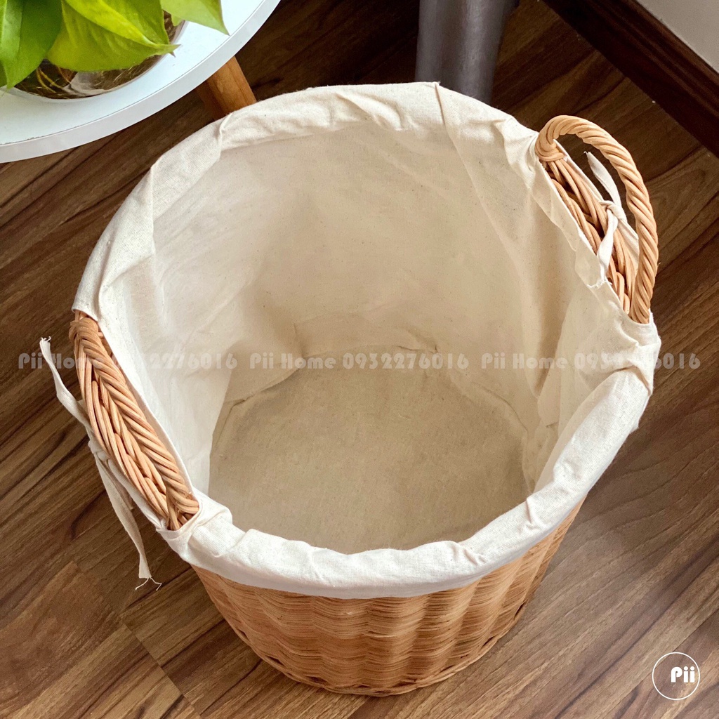 Sọt giỏ mây tròn đựng đồ Pii Home có tay cầm, kèm lót vải tiện dụng