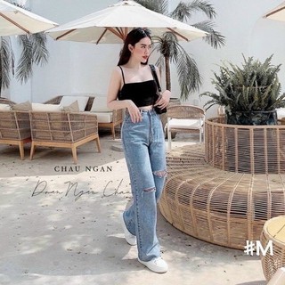 Quần Jeans Ống Rộng Xanh - Quần Ống Rộng Nữ Dáng Suông Jeans Rách Gối Ulzzang Q50 (có rua gấu )