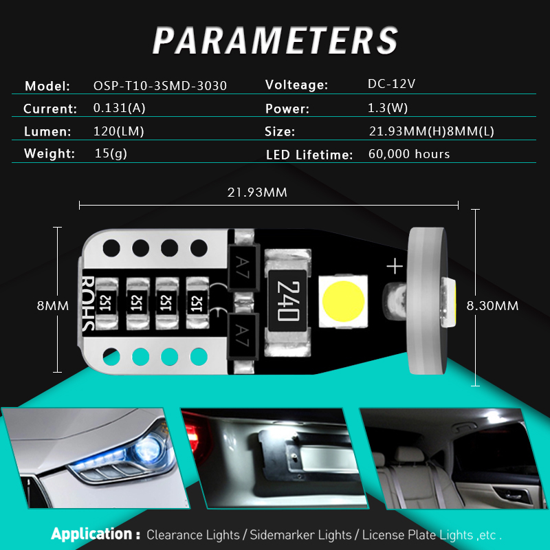 Đèn Led T10 12v 3030 Chip 8 Màu Cho Xe Hơi