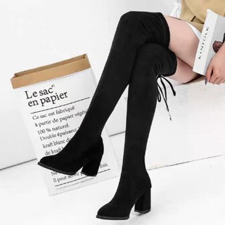 [Bốt đùi nữ] [Bốt đùi da lộn lót lông gót vuông nhọn hàng cao cấp full box]