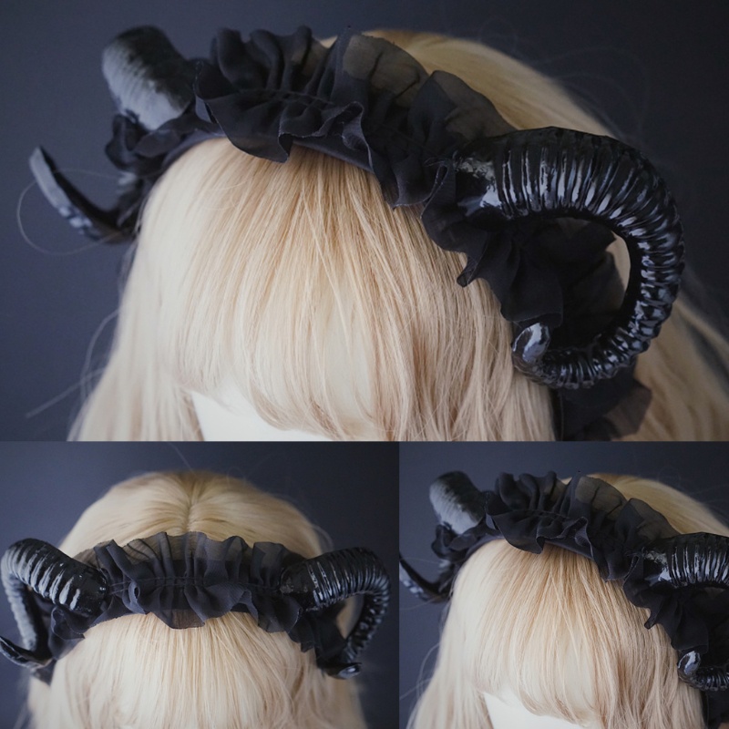 Cài Tóc Hình Sừng Cừu Phối Ren Phong Cách Halloween Cho Bé Gái