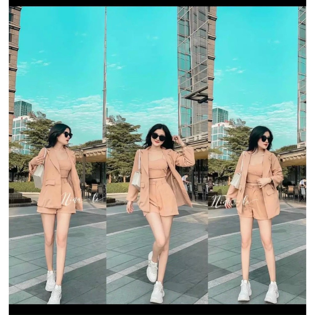 Set thời trang Nữ dạo phố, form chuẩn dáng, phối với áo vest, quần đùi và áo 2 dây  HOT thu đông 2021 | BigBuy360 - bigbuy360.vn
