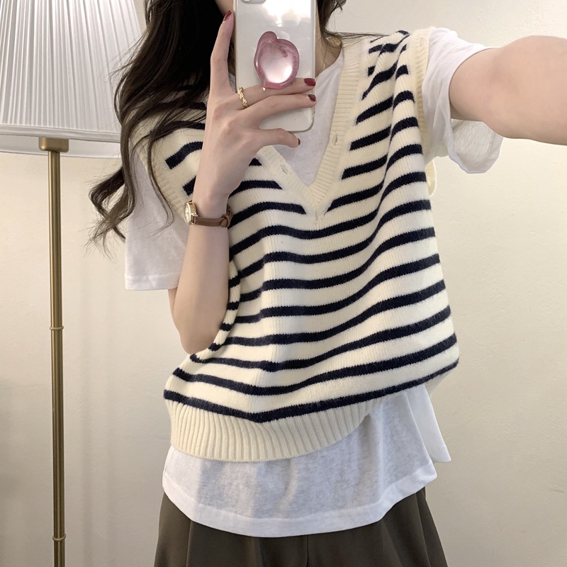 Áo dệt kim SUXI không tay dáng rộng họa tiết kẻ sọc phong cách Hàn Quốc thời trang mùa thu cho nữ