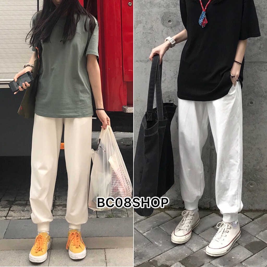 Quần Jogger Màu Trắng Unisex Lưng Cao Chất thun cotton cao cấp có size