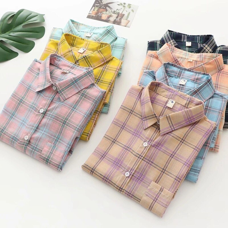 Áo Sơ Mi SixSisters Chất Liệu Cotton Kẻ Sọc Ca Rô Tay Áo Dài Thời Trang Cho Nữ