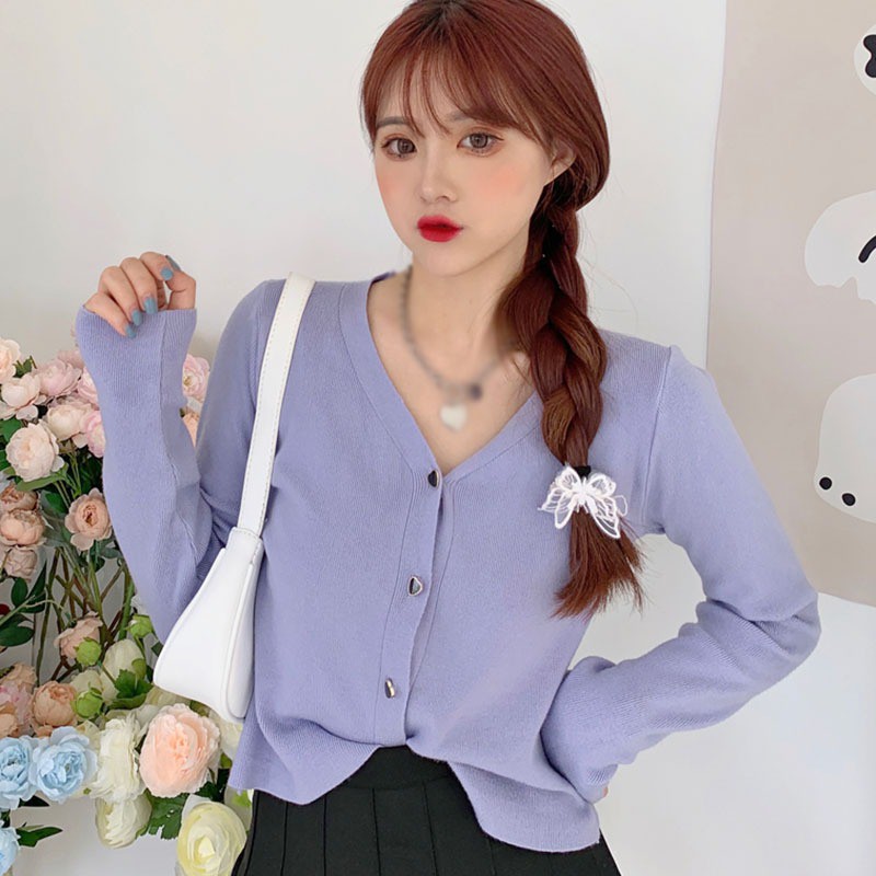 Áo sweater tay dài màu trơn phối nút thời trang cho nữ