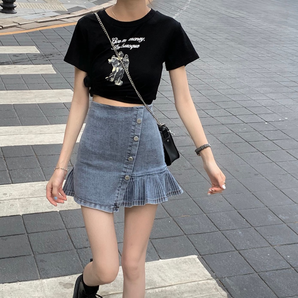 COZOK Váy denim xếp ly lưng cao nữ tính