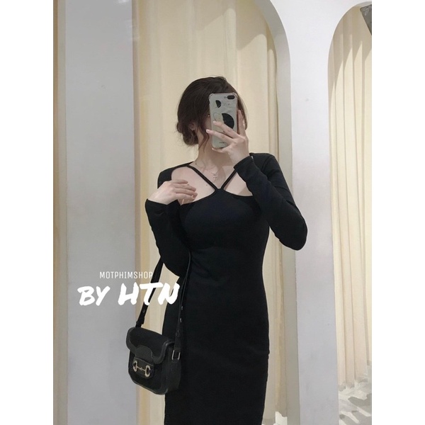 Set đầm cổ yếm áo khoác crotop đen